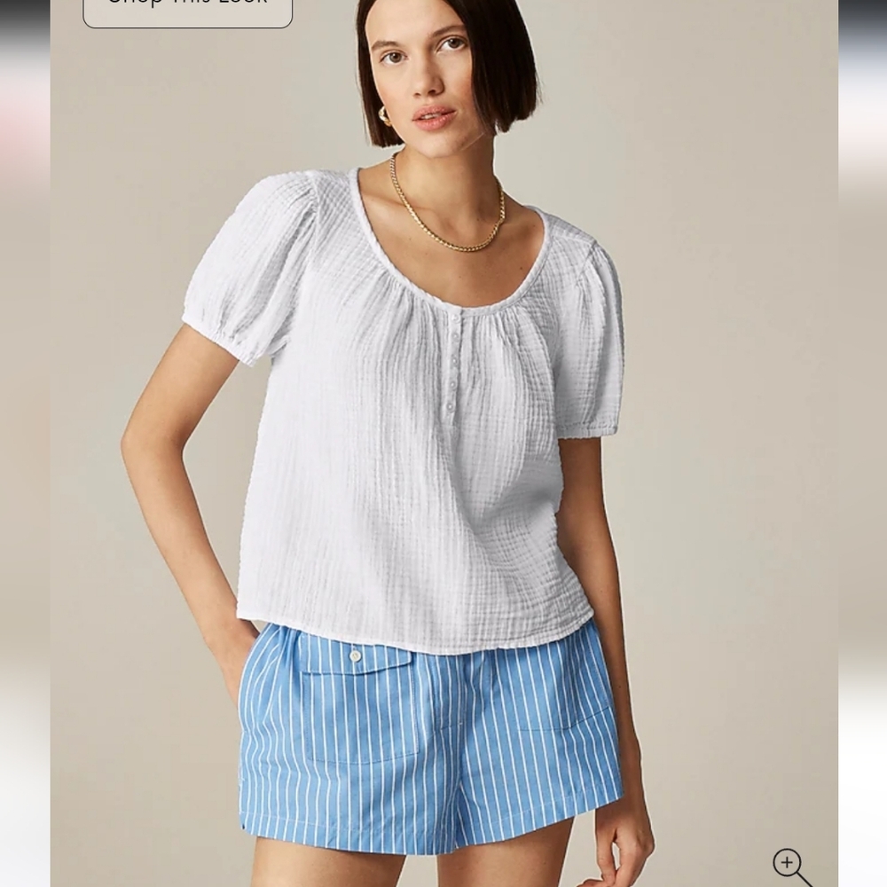 J.crew Puffed Sleeve Henley Cotton Gauze Short Sleeve
